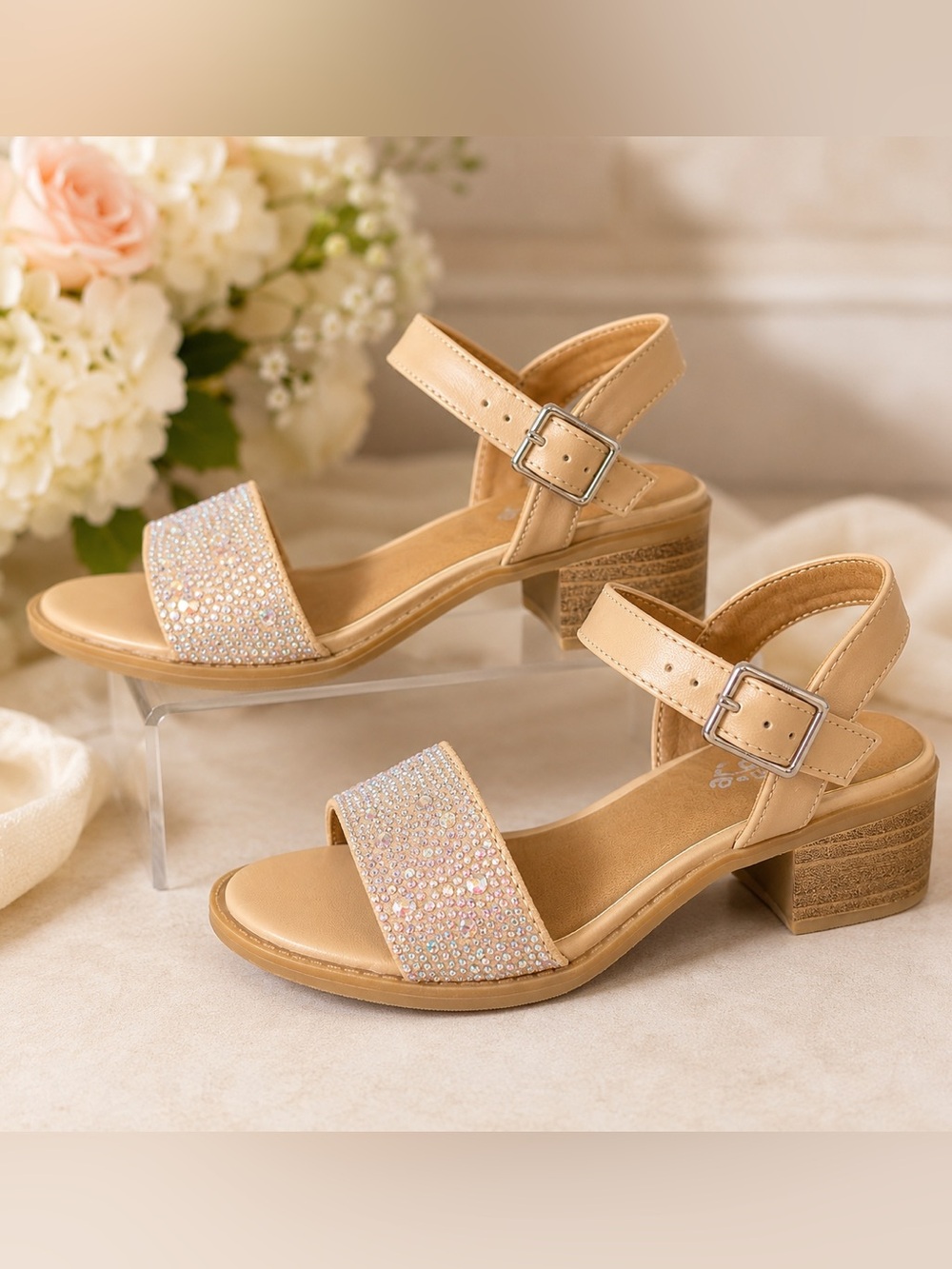 Art Class Rhinestone Block Heel Sandals Girls 13 Nude Sparkle Dress Shoes